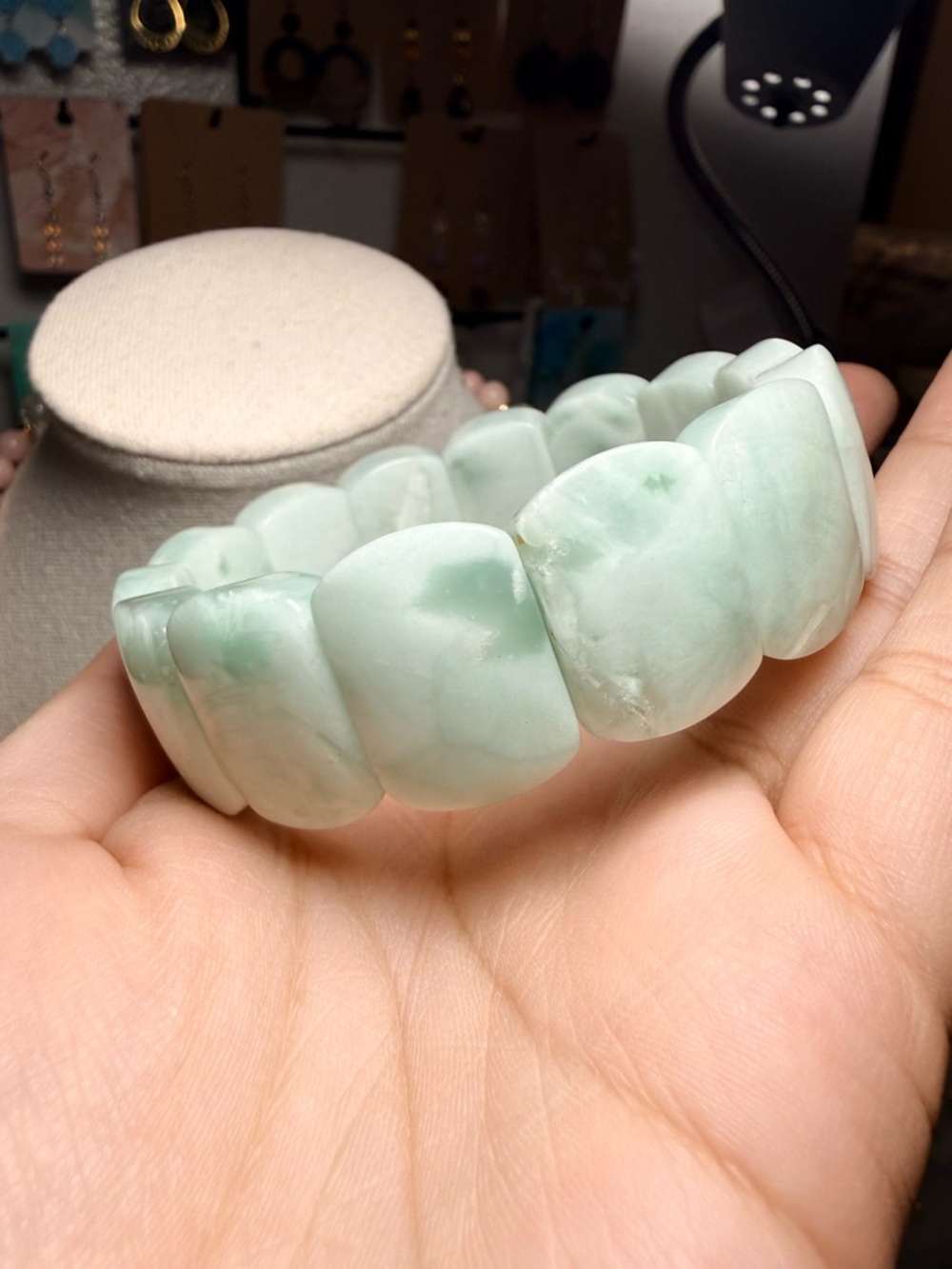 Green Moonstone Bangle Bracelet Chunky Gemstone Stretch Bracelet - Picture 5 of 6